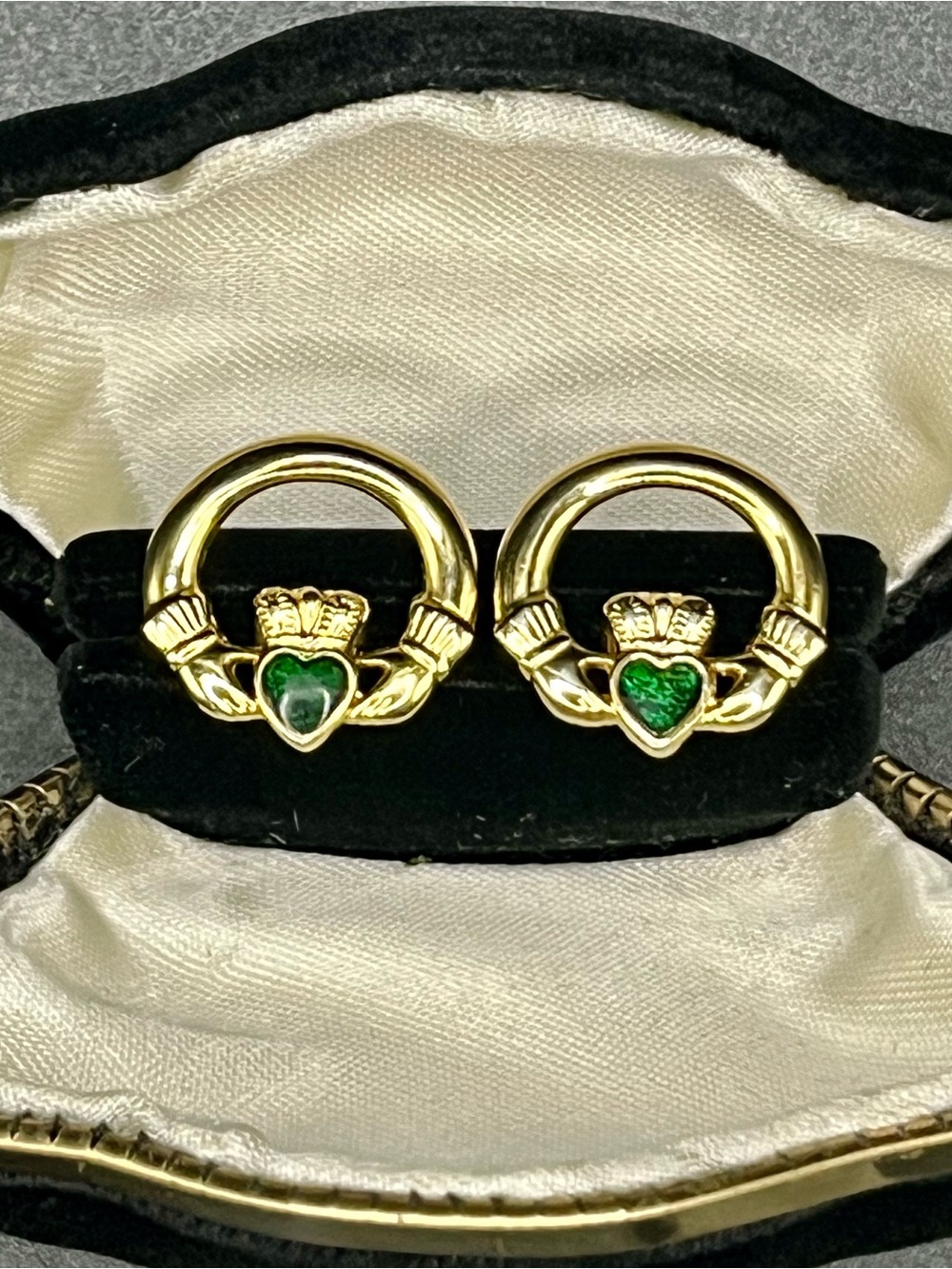 Vintage Gold-Tone Green Heart Claddagh Stud Earrings